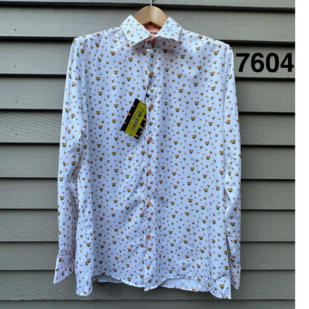 Tom Baine Pride Collection Rainbow Heart Shirt Mens XL Slim Performance White
